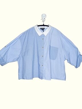 Halston Blue Mixed Stripe Oversized Poplin Shirt XL